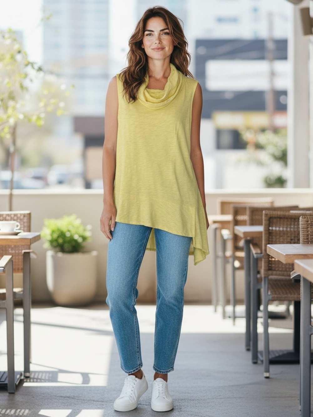 Habitat Sleeveless Top Womens Medium Yellow Cowl Neck Asymmetrical Hem Tunic